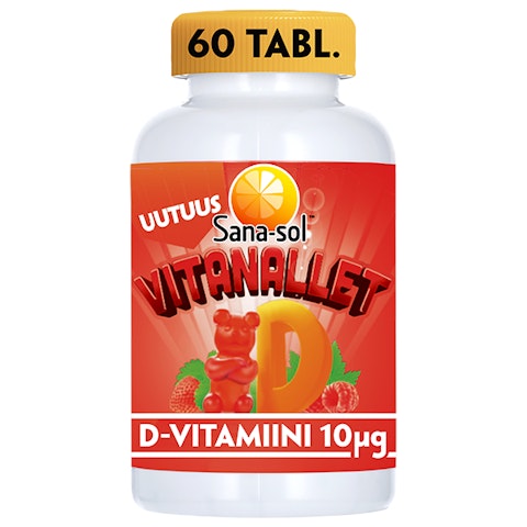 Sana-sol Vitanallet D-vitamiini 60kpl 10µg mansikka-vadelma