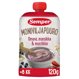 Semper Moniviljapuuro Omena, mansikka & mustikka 120g alkaen 8 kk käyttövalmis lastenpuuro