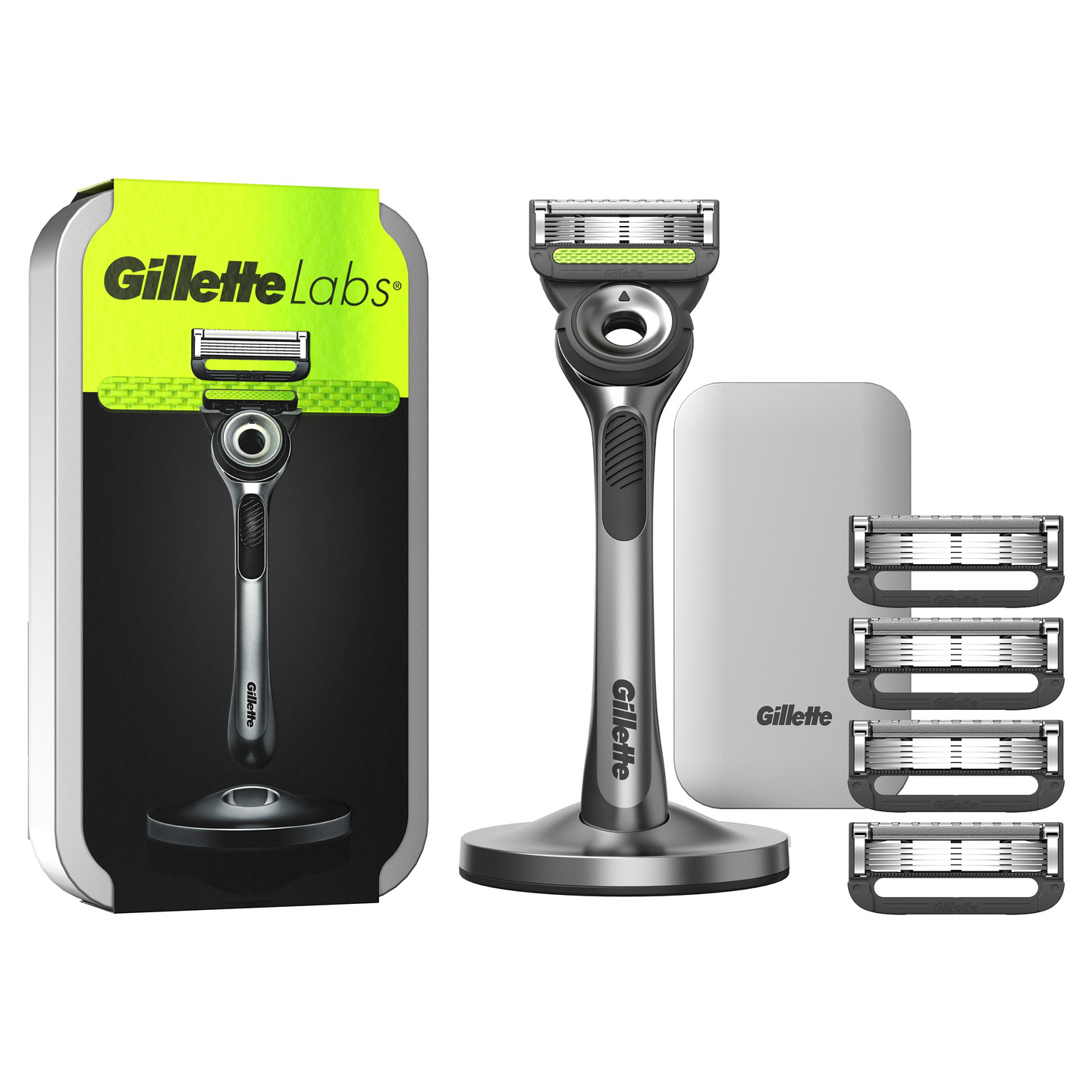 Gillette Labs with Exfoliating Bar Silver partahöylä ja 4 vaihtoterää matkakotelolla