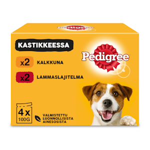 Pedigree 4x100g Adult kastikelajitelma härkä & lammas, kalkkuna