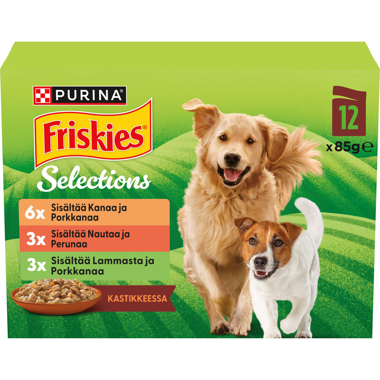 Friskies 12x85g adult nautaa, lammasta ja kanaa kastikkeessa lajitelma 3 varianttia