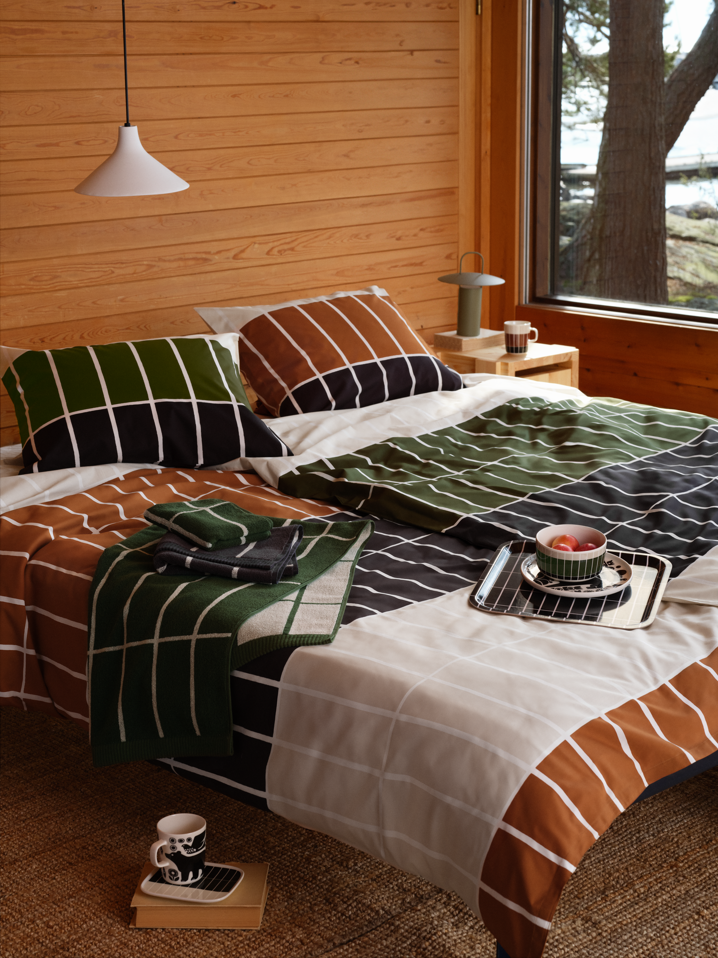 Marimekko Tiiliskivi pussilakanasetti 150x210 cm vihreä-musta-vaalea beige