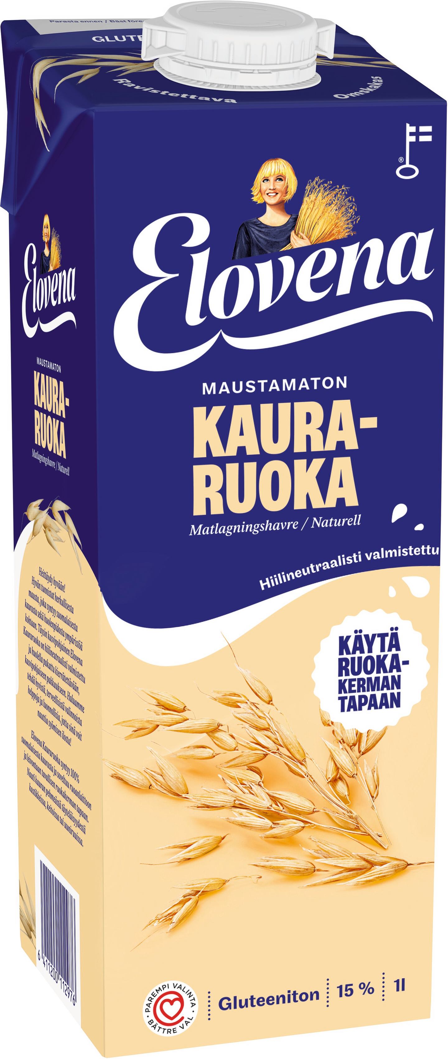 Elovena maustamaton kauraruoka, käytetään ruokakerman tapaan 1l gluteeniton
