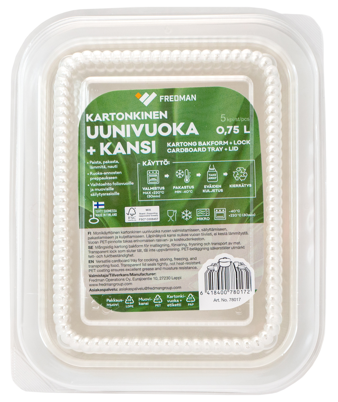 Fredman kartonkinen uunivuoka kannella 0,75L 5kpl