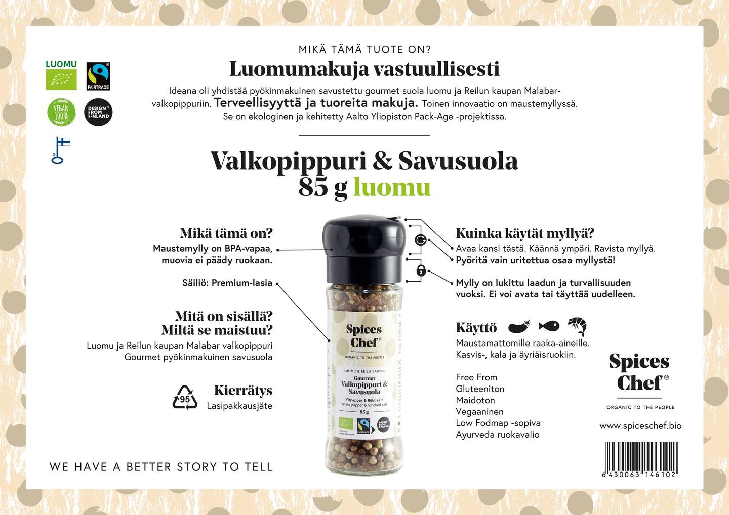 Spices Chef Luomu Valkopippuri savusuolamylly 85g Reilu kauppa