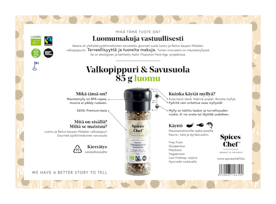 Spices Chef Luomu Valkopippuri savusuolamylly 85g Reilu kauppa