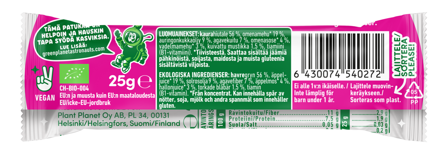 Green Planet Astronauts Luomu kaurapatukka vadelma-mustikka 25g 1 v