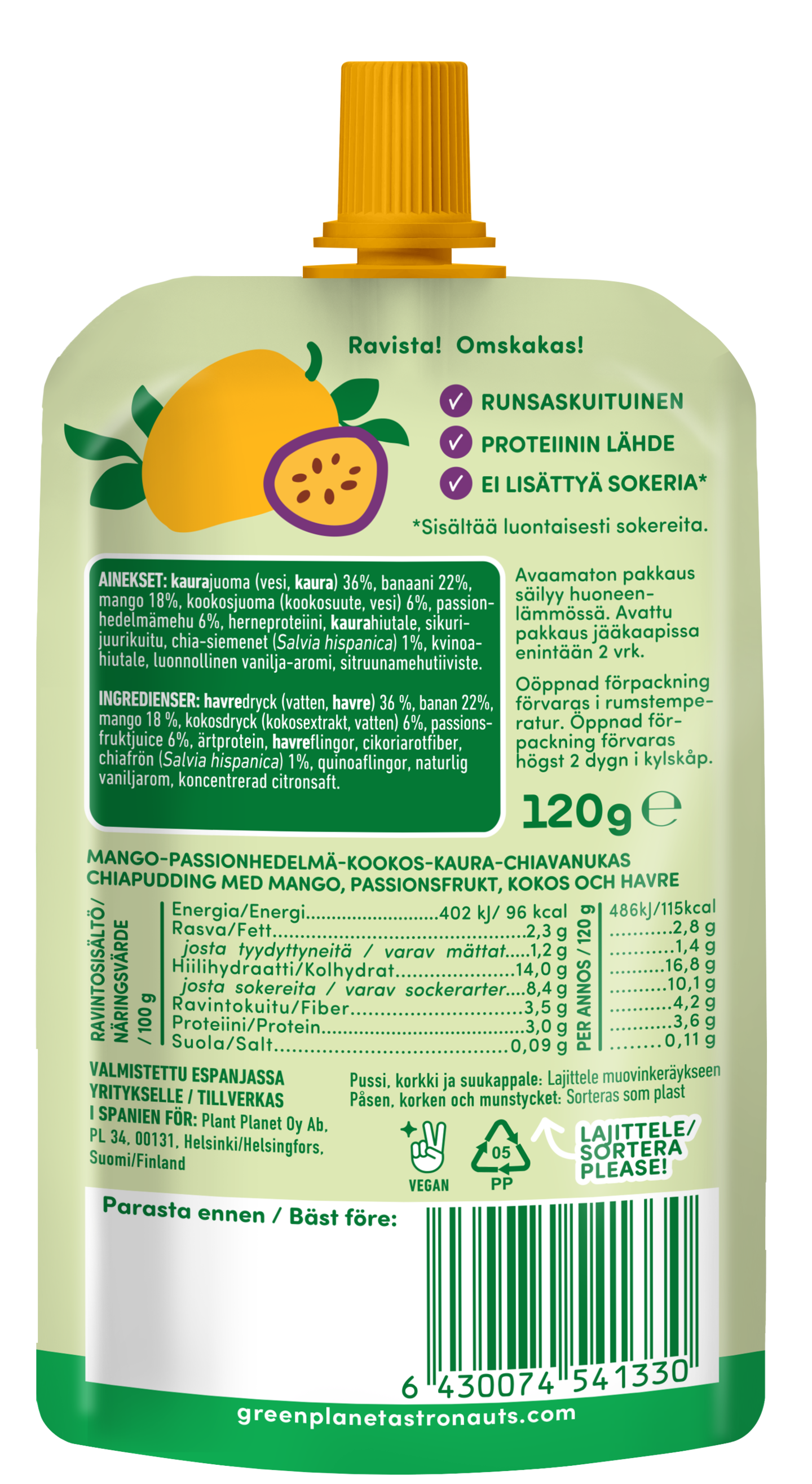 Green Planet Astronauts Super Aamupala Chia Pudding Mango-Passion-Kookos 120g