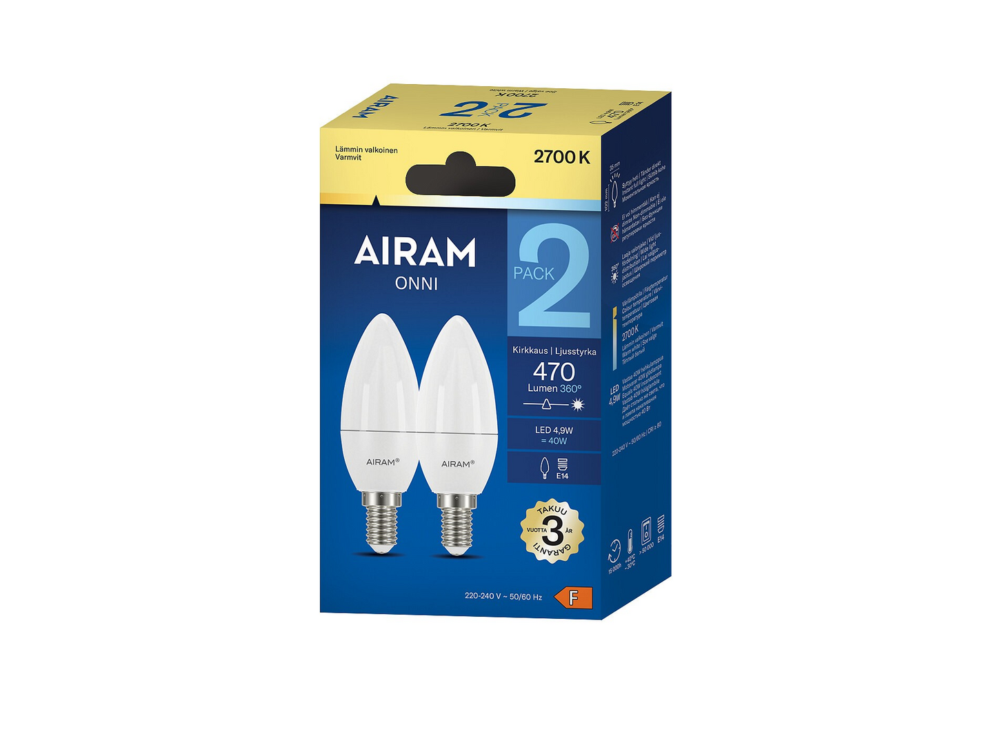 Airam LED kynttilä E14 470lm 2kpl 2700K