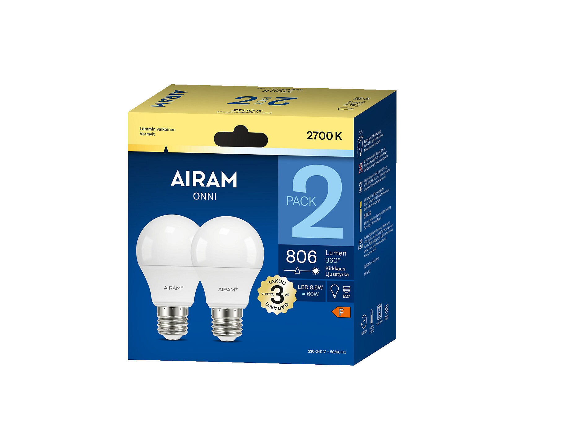 Airam LED vakio E27 806lm 2kpl 2700K