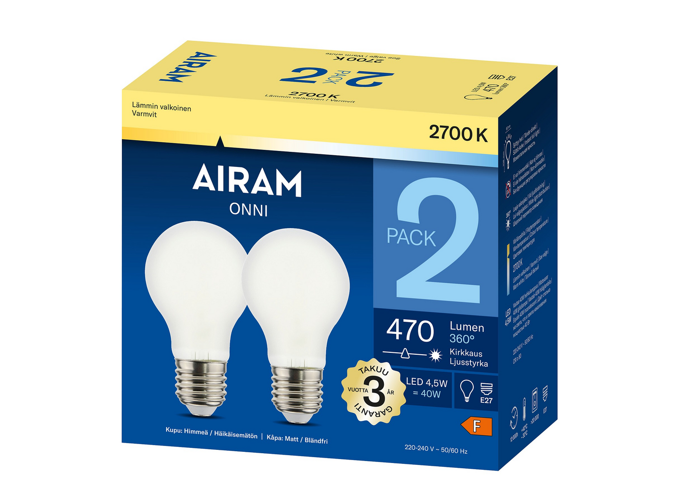Airam LED lasi vakio E27 470lm 2kpl 2700K