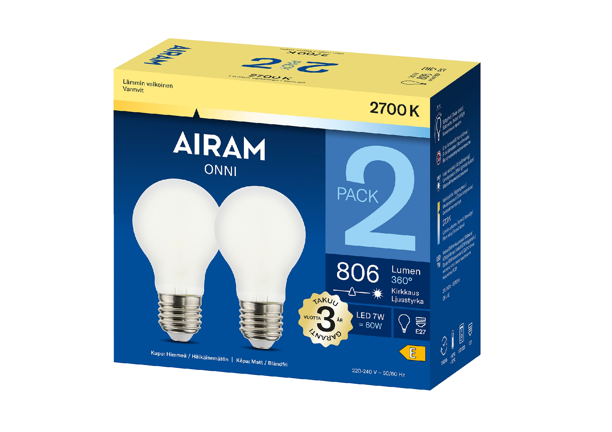 Airam Onni LED lasi vakio E27 2kpl 2700