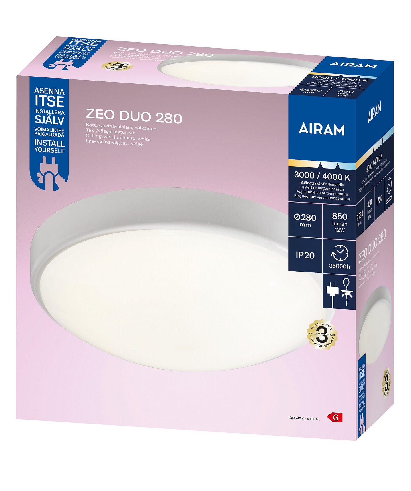 Airam Zeo Duo 280 LED-plafondi 12W 850lm IP20