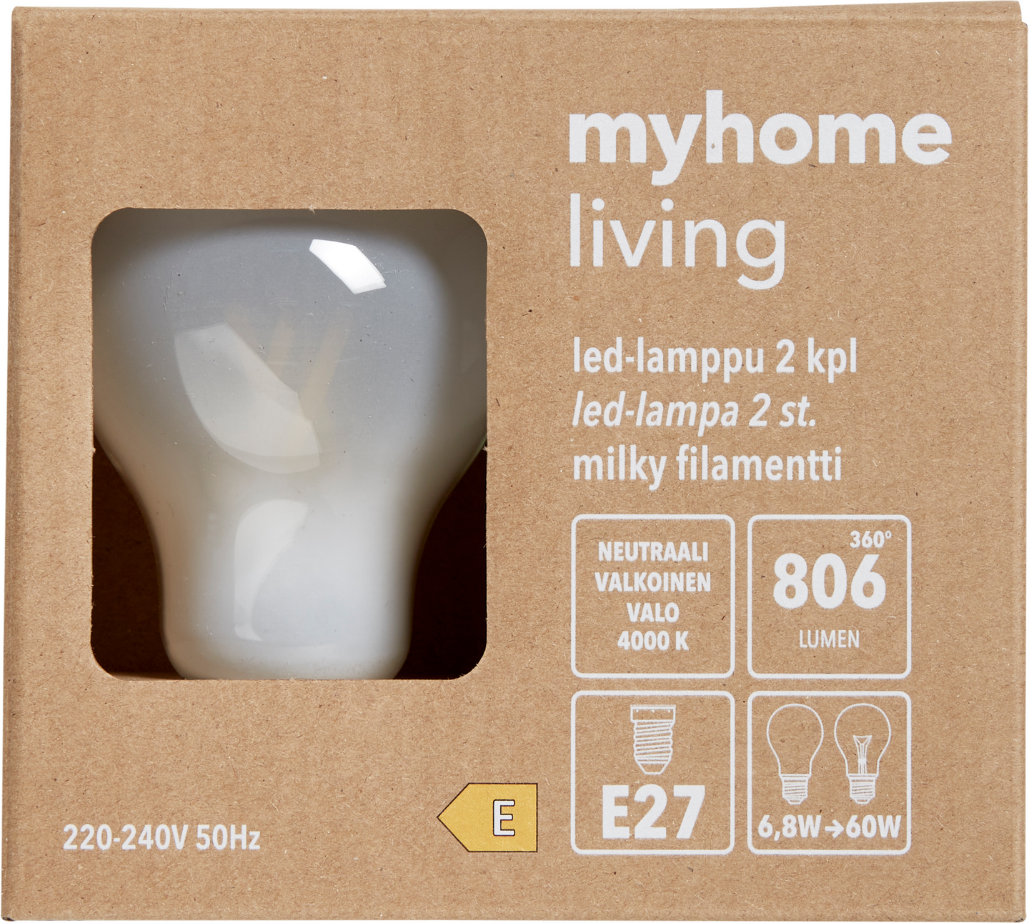 myhome vakiolamppu LED E27 806lm milky 2kpl