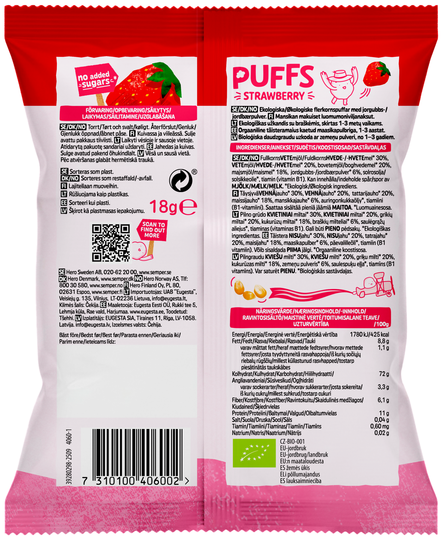 Semper Multigrain Puffs Strawberry monivilja luomunaksu 1-3v 18g