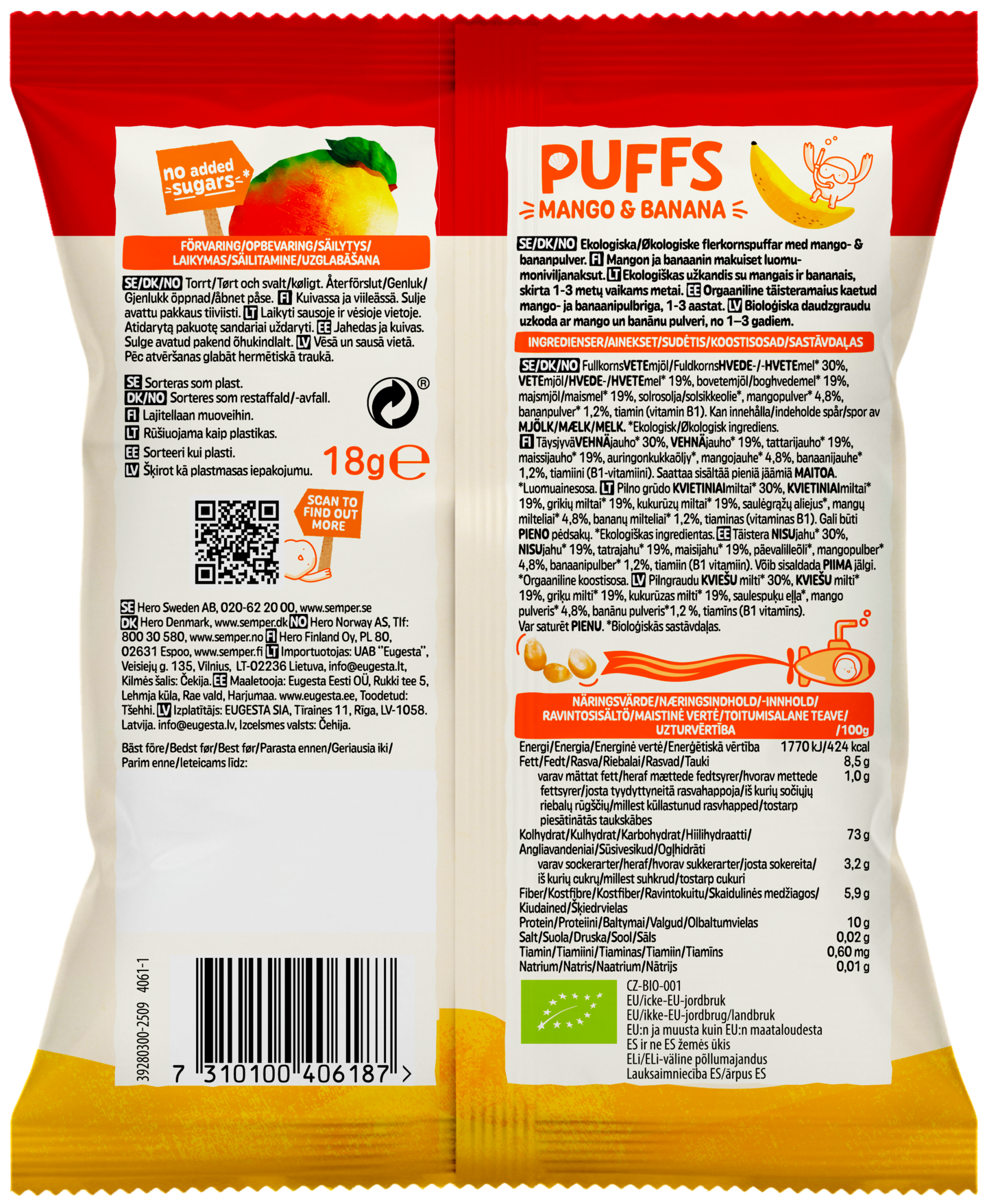 Semper Multigrain Puffs Mango & banana monivilja luomunaksu lapsille 1-3v 18g luomu