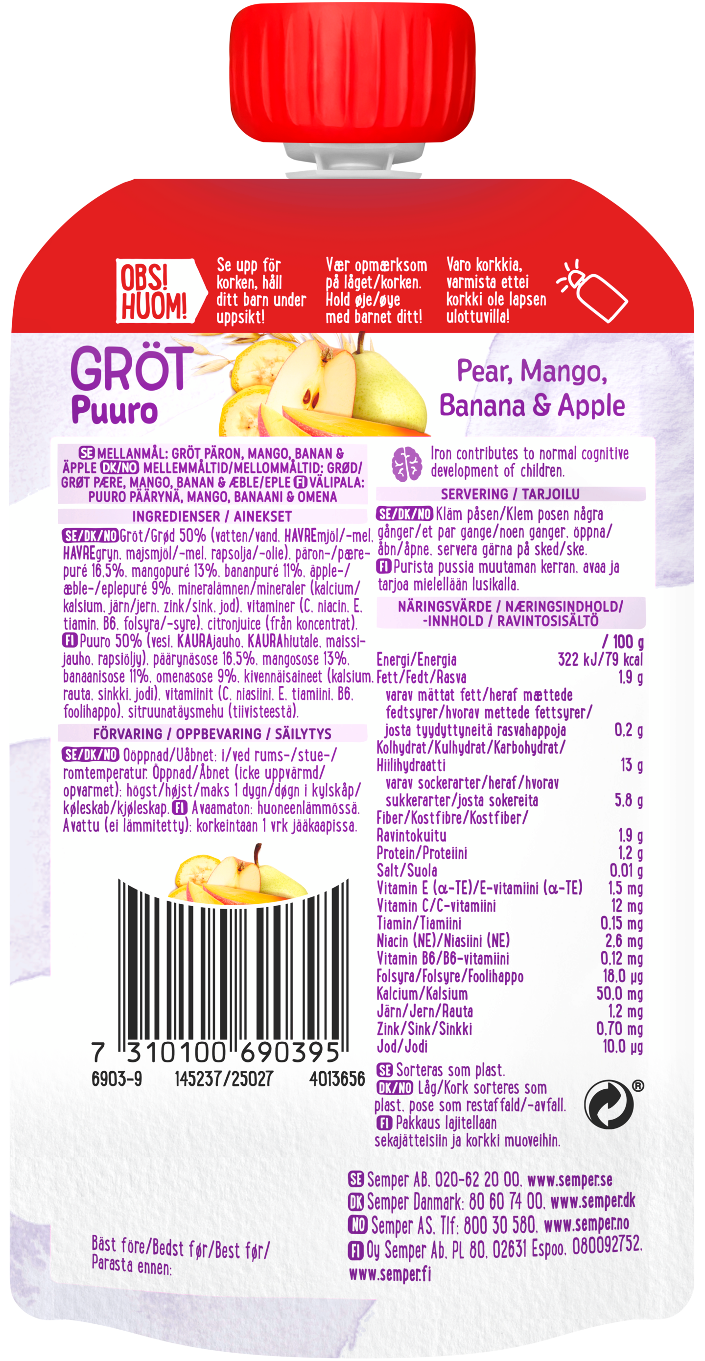 Semper 120g Puuro päärynä & mango alkaen 6 kk