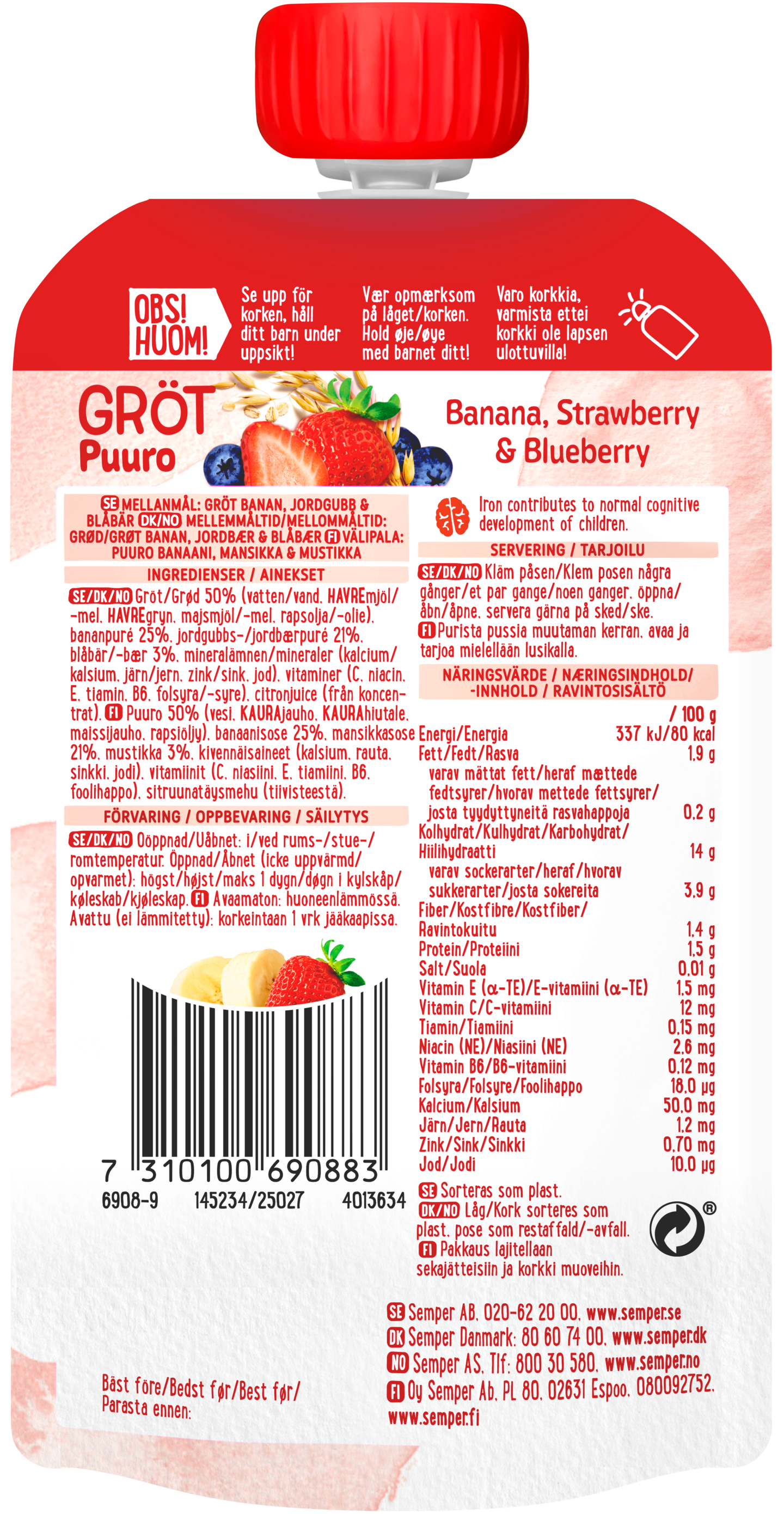 Semper puuro mansikka-banaani 6kk 120g