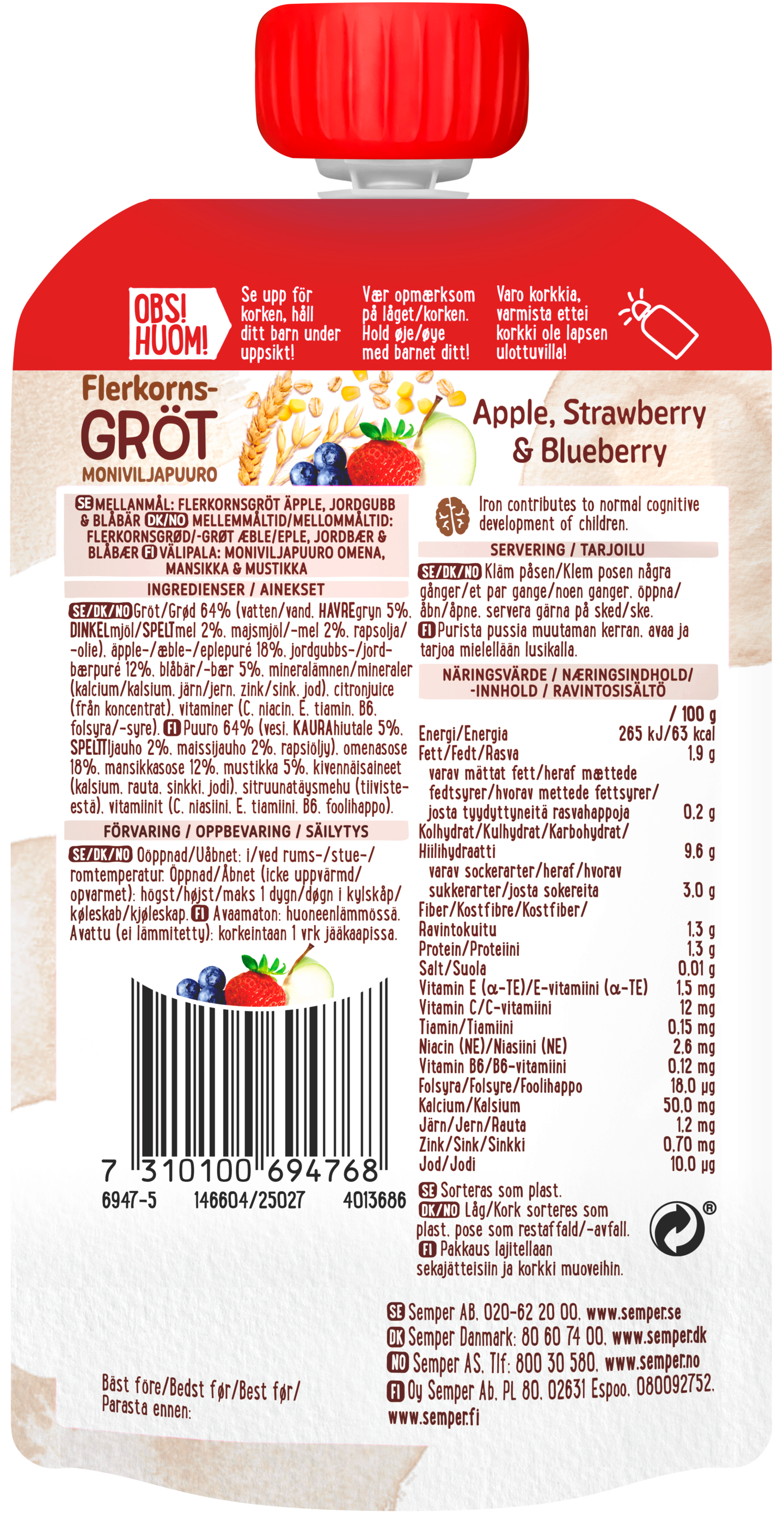 Semper Moniviljapuuro Omena, mansikka & mustikka 120g alkaen 8 kk käyttövalmis lastenpuuro