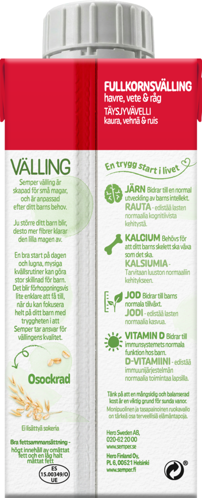 Semper täysjyvävelli kaura, vehnä & ruis 200ml 1v käyttövalmis velli