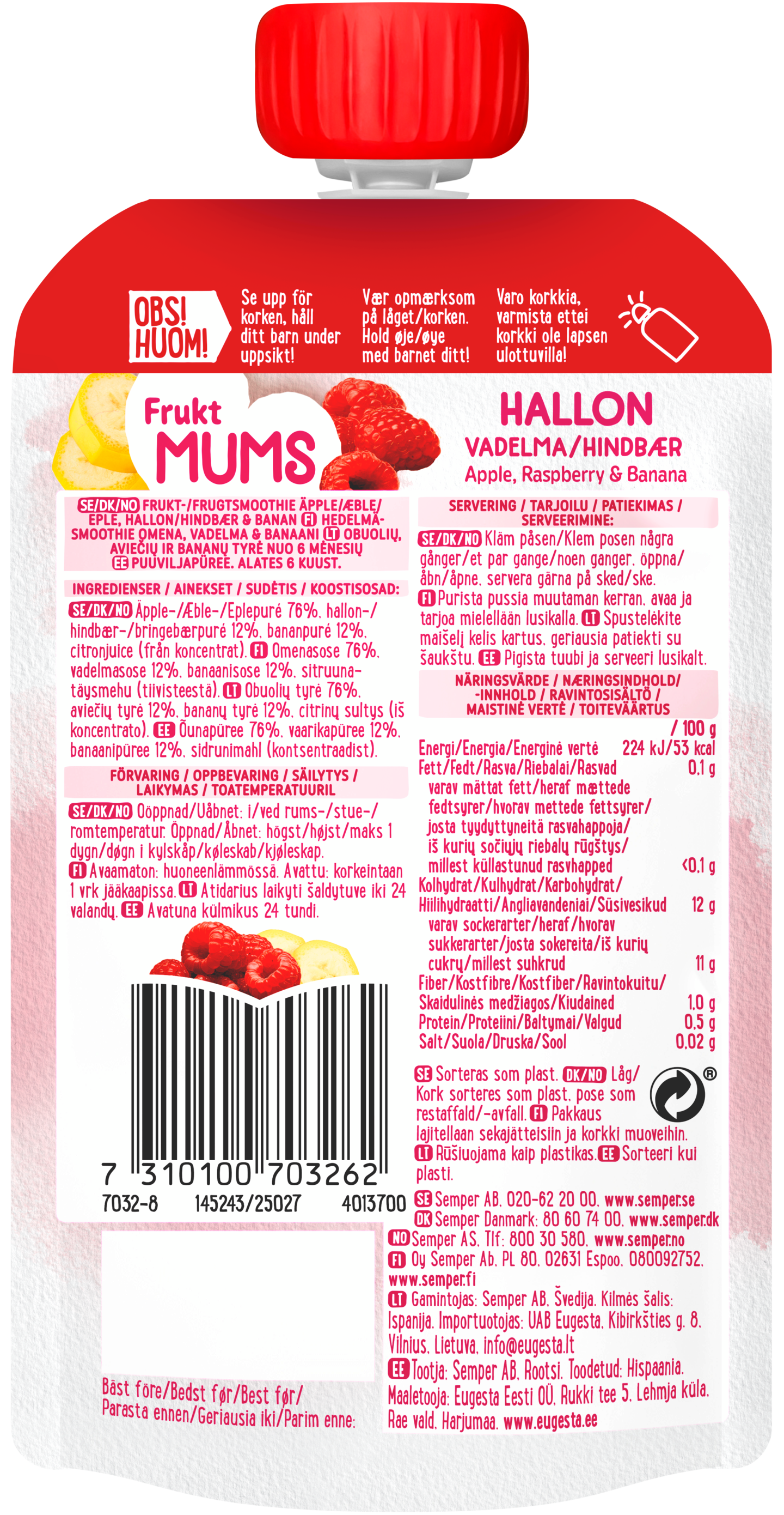 Semper Fruktmums Vadelma alkaen 6kk hedelmäsose 110g