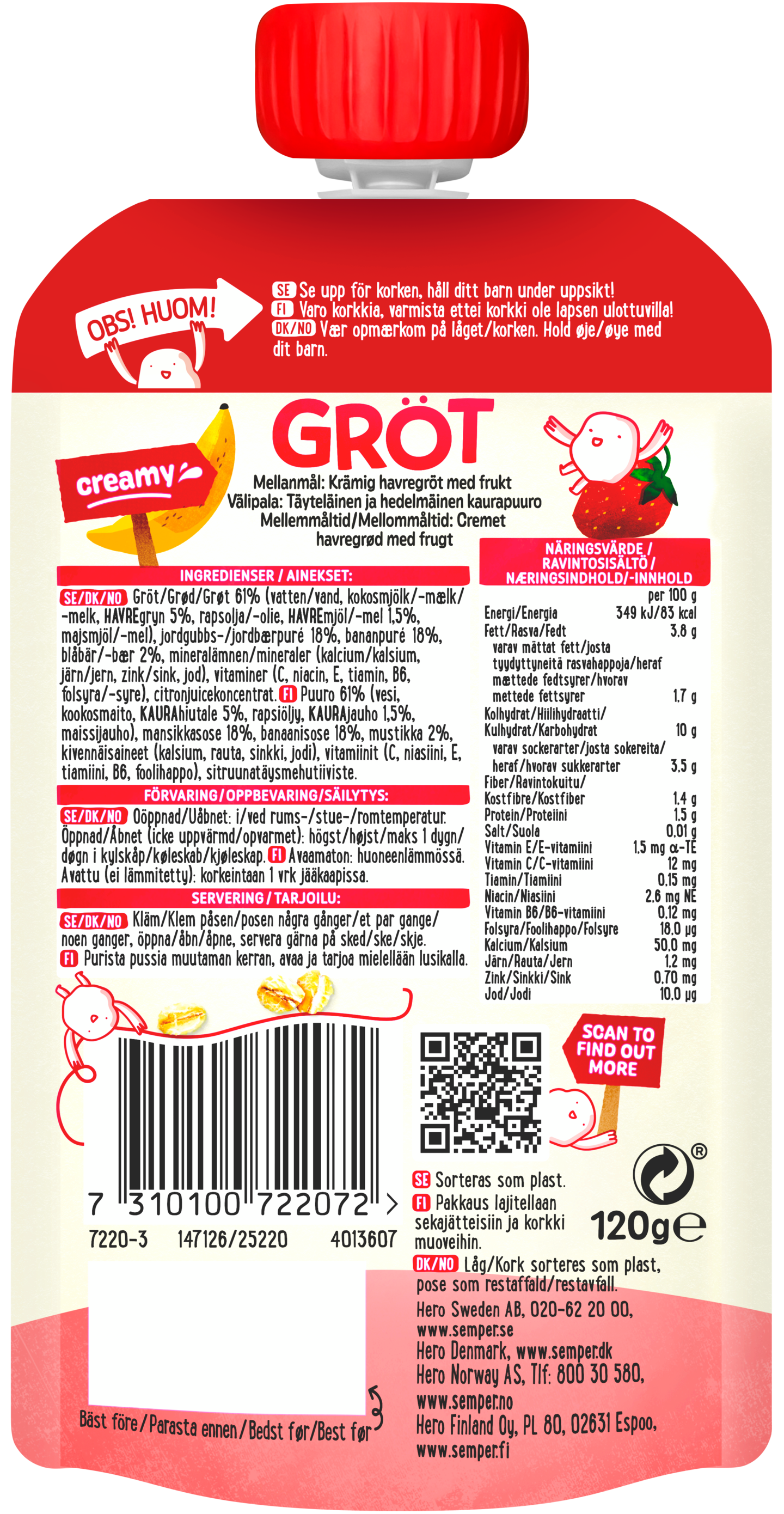 Semper puuro mansikka, banaani, mustikka & kaura 1-3 v käyttövalmis lastenpuuro 120g