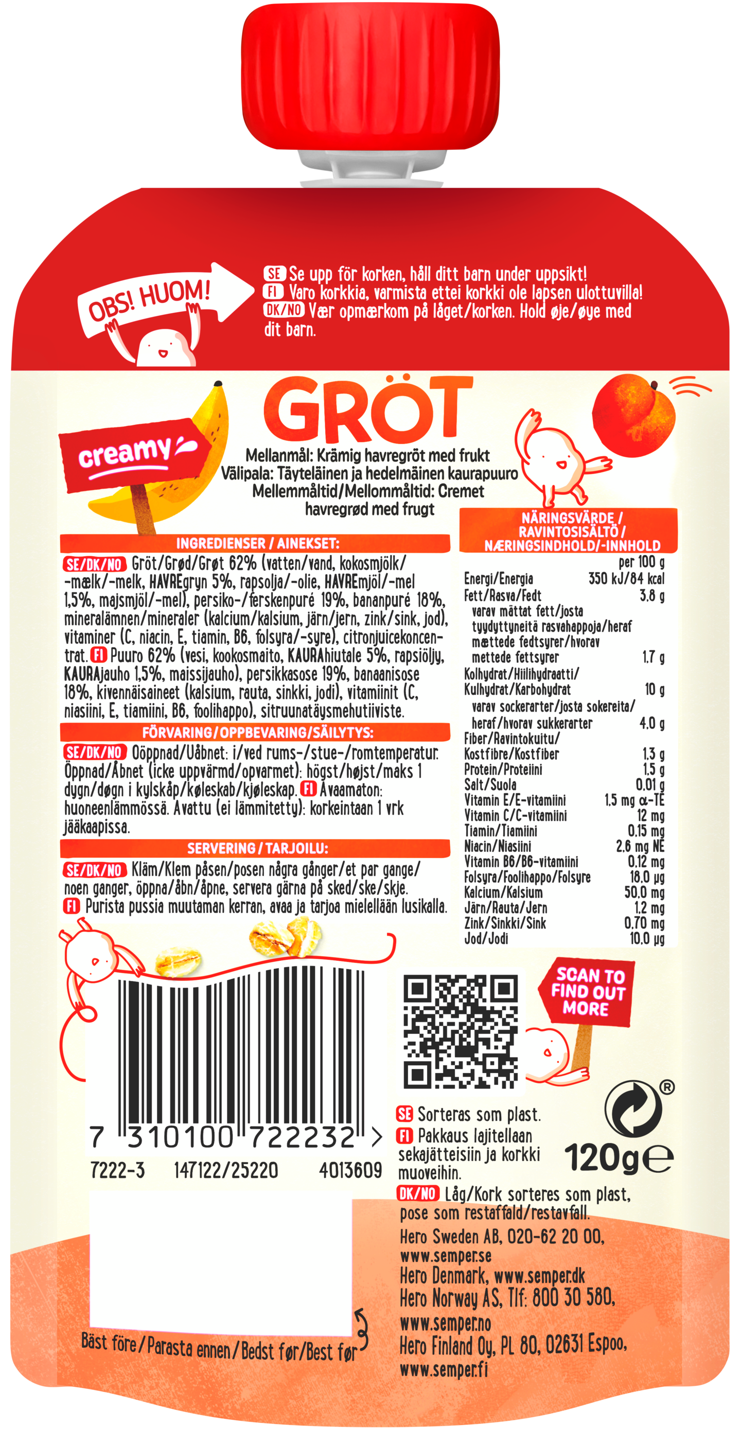 Semper puuro persikka, banaani & kaura 1-3v. käyttövalmis lastenpuuro 120g