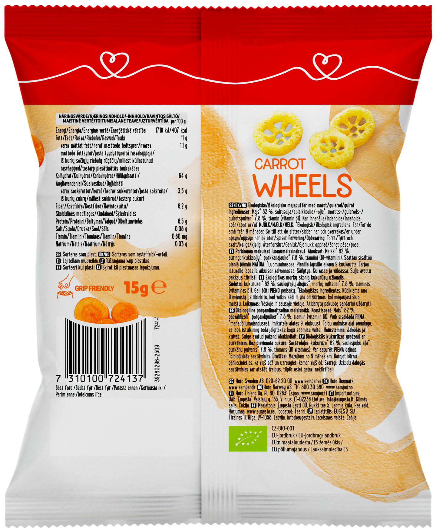 Semper Carrot wheels porkkananaksu lapsille 15g alkaen9kk luomu