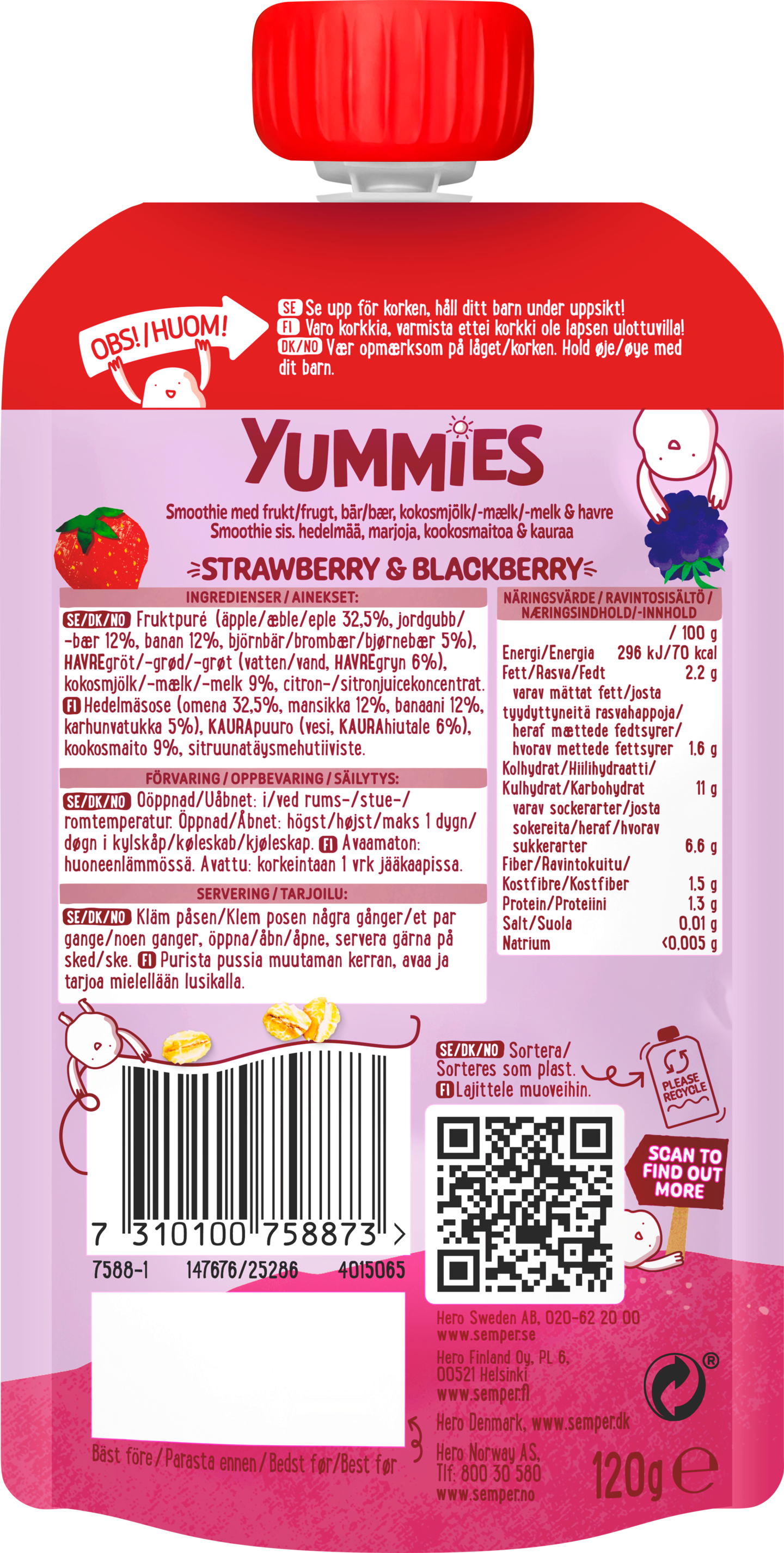 Semper Yummies smoothie mansikka & karhunvatukka 120g 1-3-v