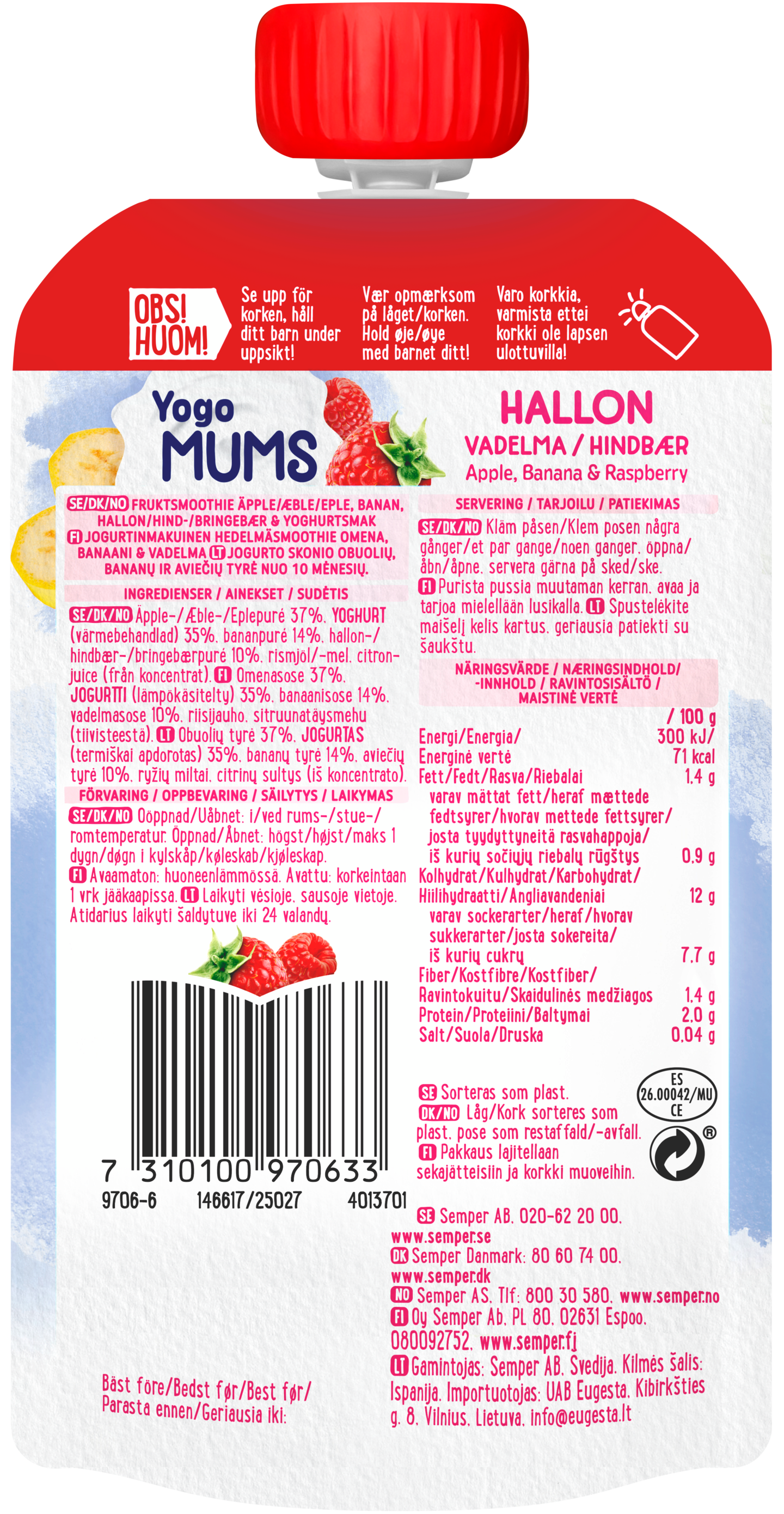 Semper Yogomums Omena, banaani & vadelma jogurtti hedelmäsose 10kk 120g