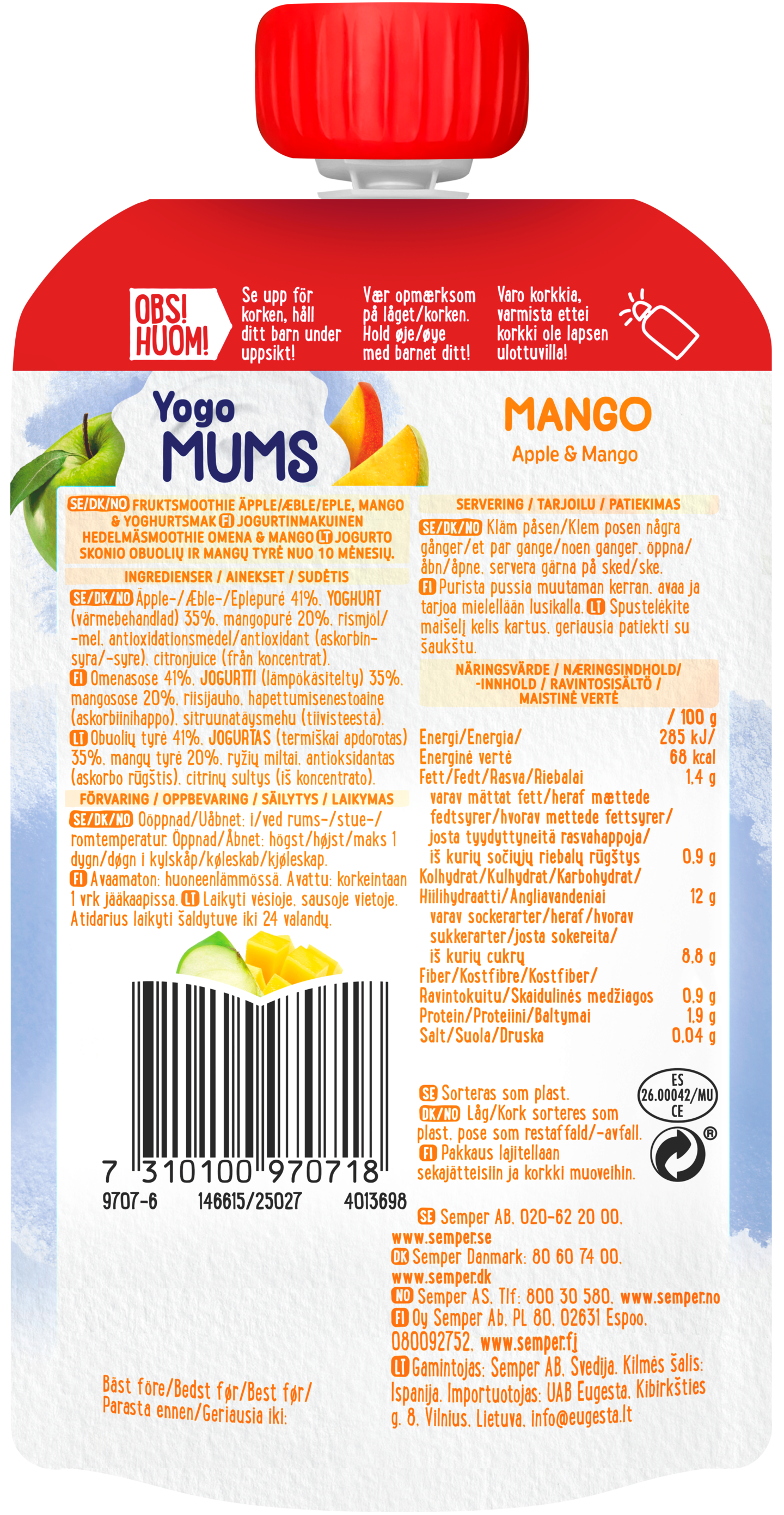 Semper Yogomums Mango & Omena  jogurtti hedelmäsose 120g 12kk