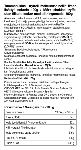 VALOR Tumma täytesuklaa truffeli makeutusaineilla ilman lisättyä sokeria 100g