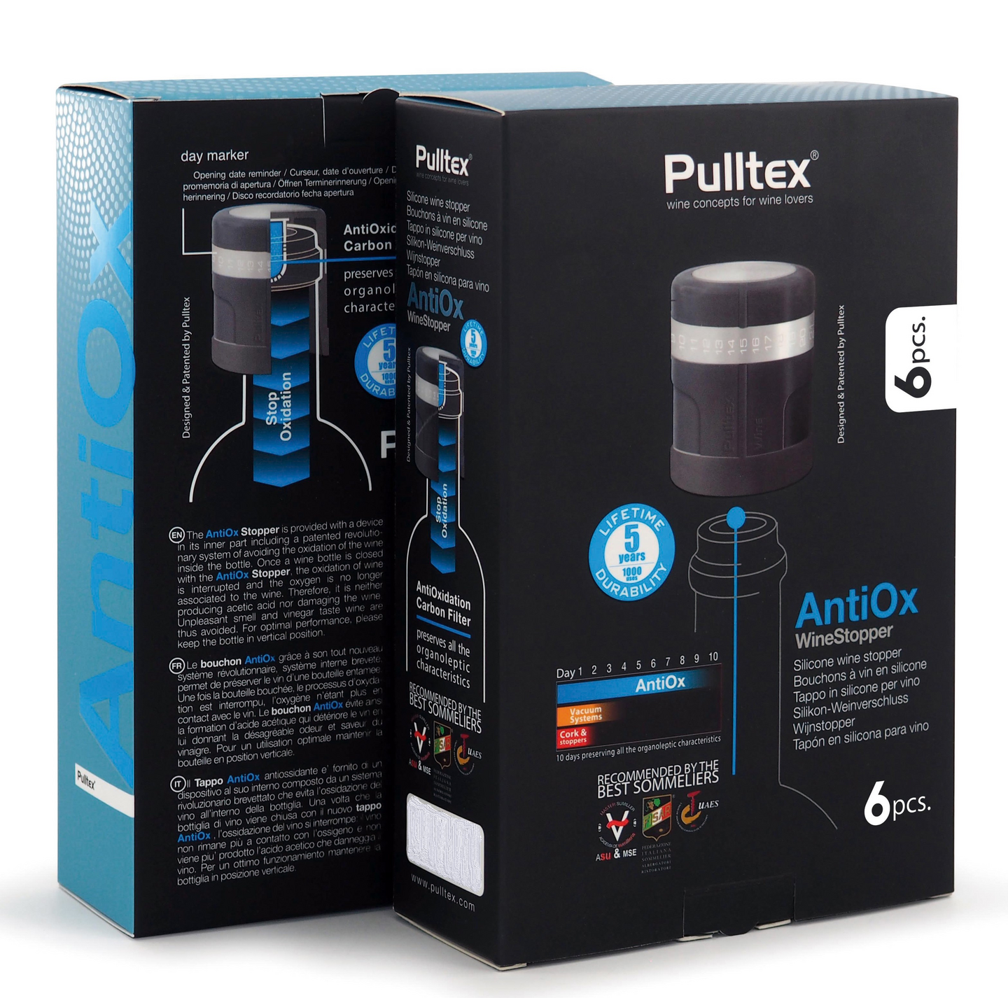Pulltex AntiOx-viinistopperi korkki 6kpl silikonikorkki aktiivihiilisuodattimella