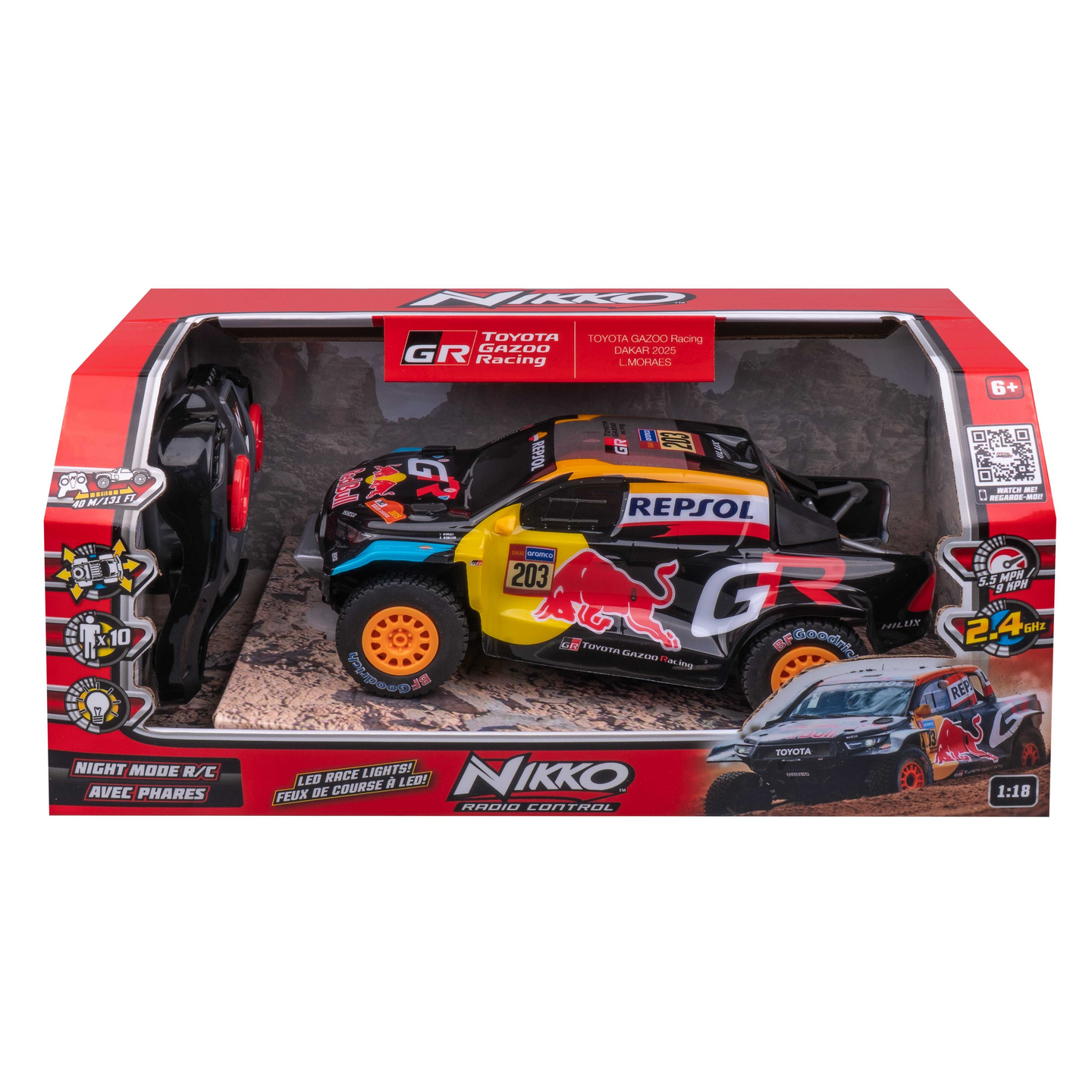 NIKKO Toyota Gazoo Racing Dakar 2025 Moraes 1:18 Radio-Ohjattava ajovaloilla