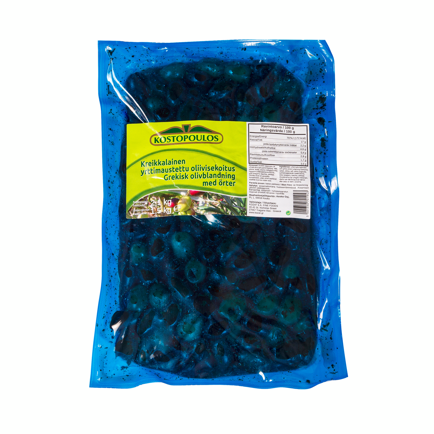 Kostopoulos kreikkalainen yrttimaustettu oliivisekoitus kivetön 2,1kg/1,5kg pussi