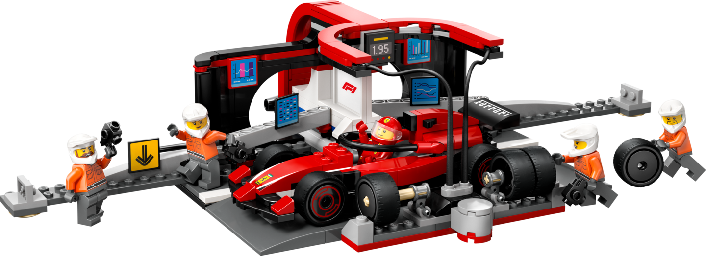 LEGO City 60443 F1-varikkopysähdys ja varikkomiehistö sekä Ferrari-auto