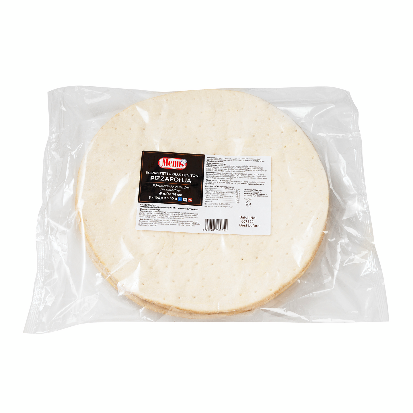 Menu gluteeniton esipaistettu pizzapohja 5x190g pakaste