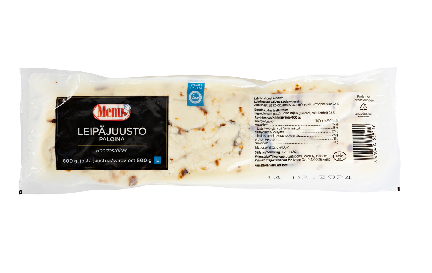 Menu leipäjuusto paloina suolavedessä 600g/500g laktoositon