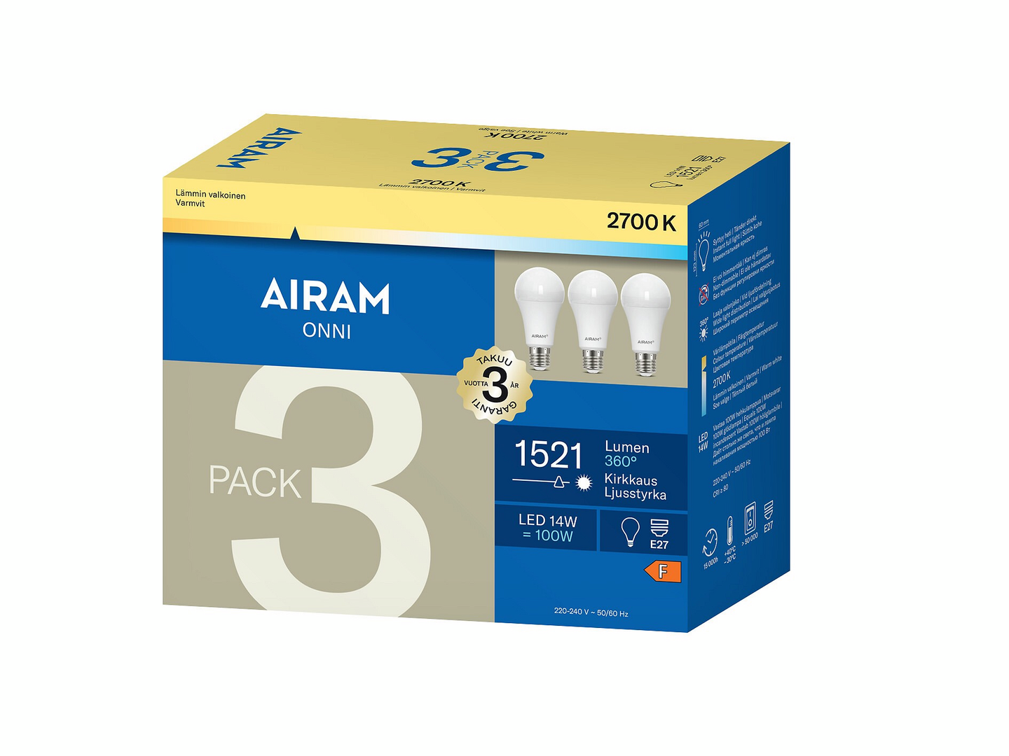 Airam Onni LED 1521 lm E27 2700K 3 kpl/pkt