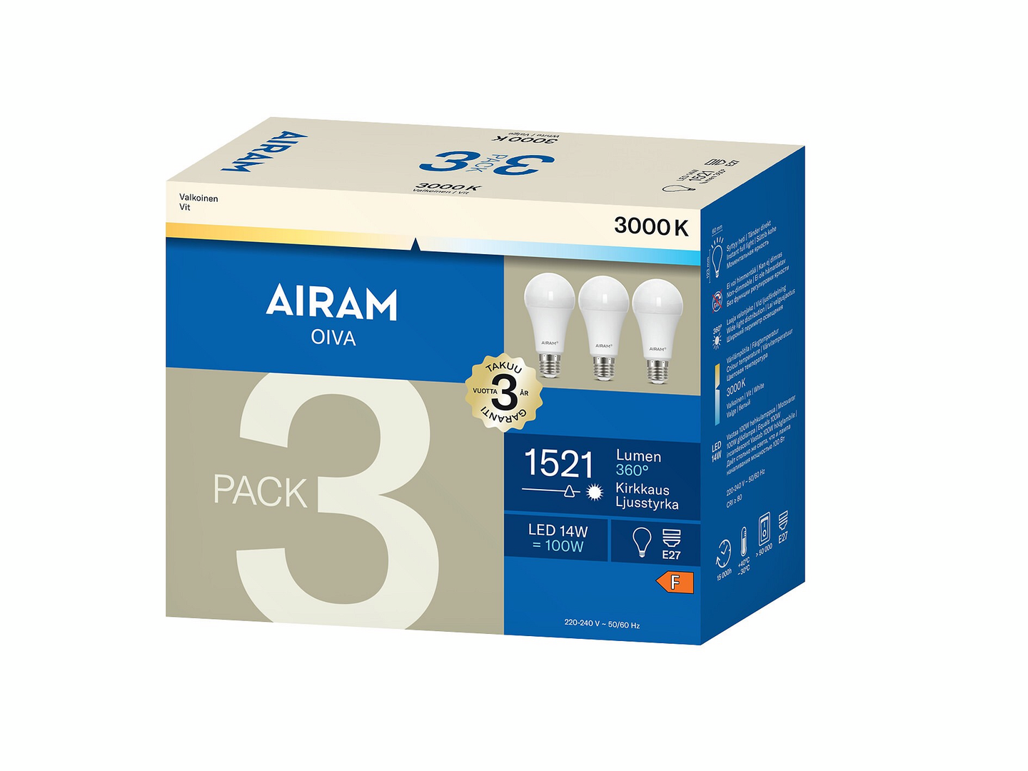 Airam Oiva LED 1521 lm E27 3000 K 3kpl/pkt