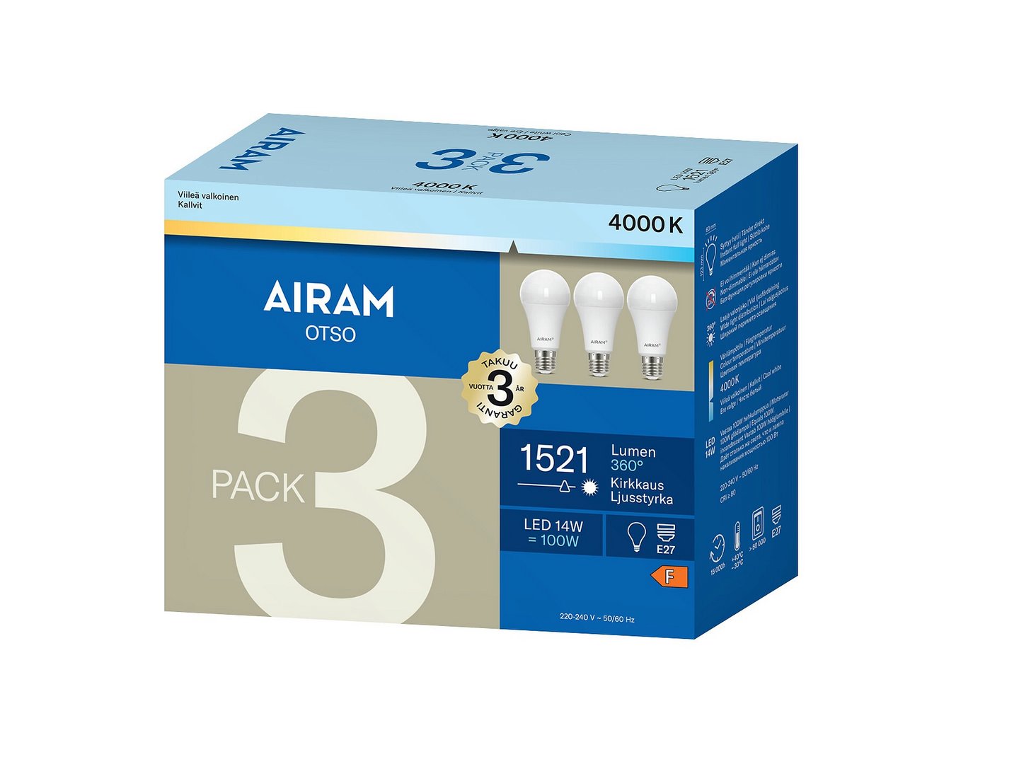 Airam Otso LED 1521 lm E27 4000K 3 kpl/pkt