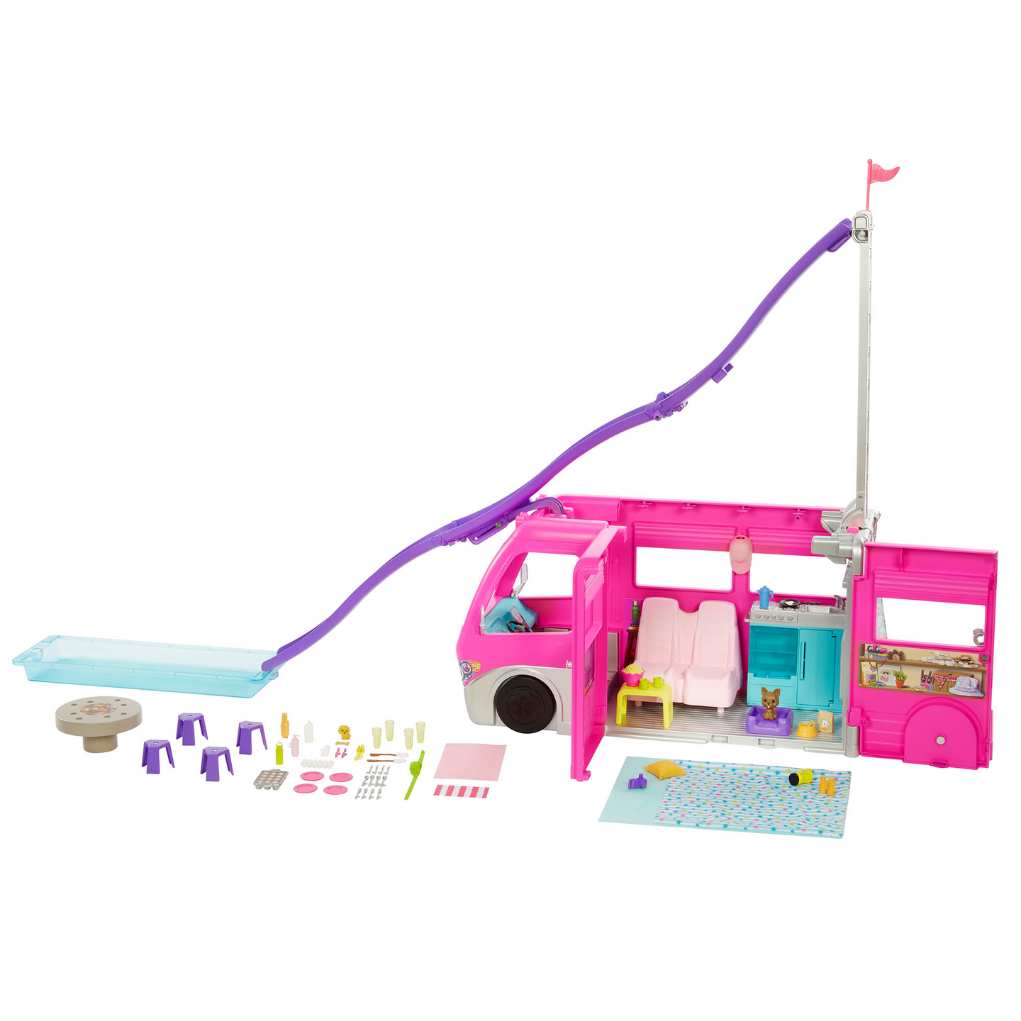 Barbie Dreamcamper -asuntoauto uima-altaalla leikkisetti