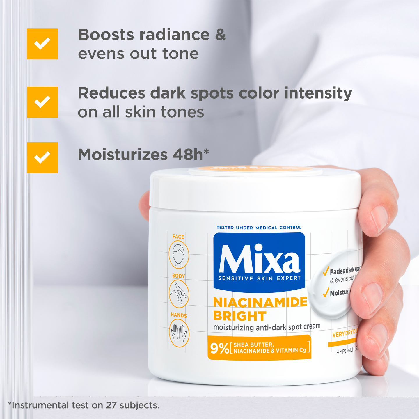 Mixa Niacinamide Bright Ravitseva voide tummia läiskiä vastaan, erittäin kuivalle iholle 400ml