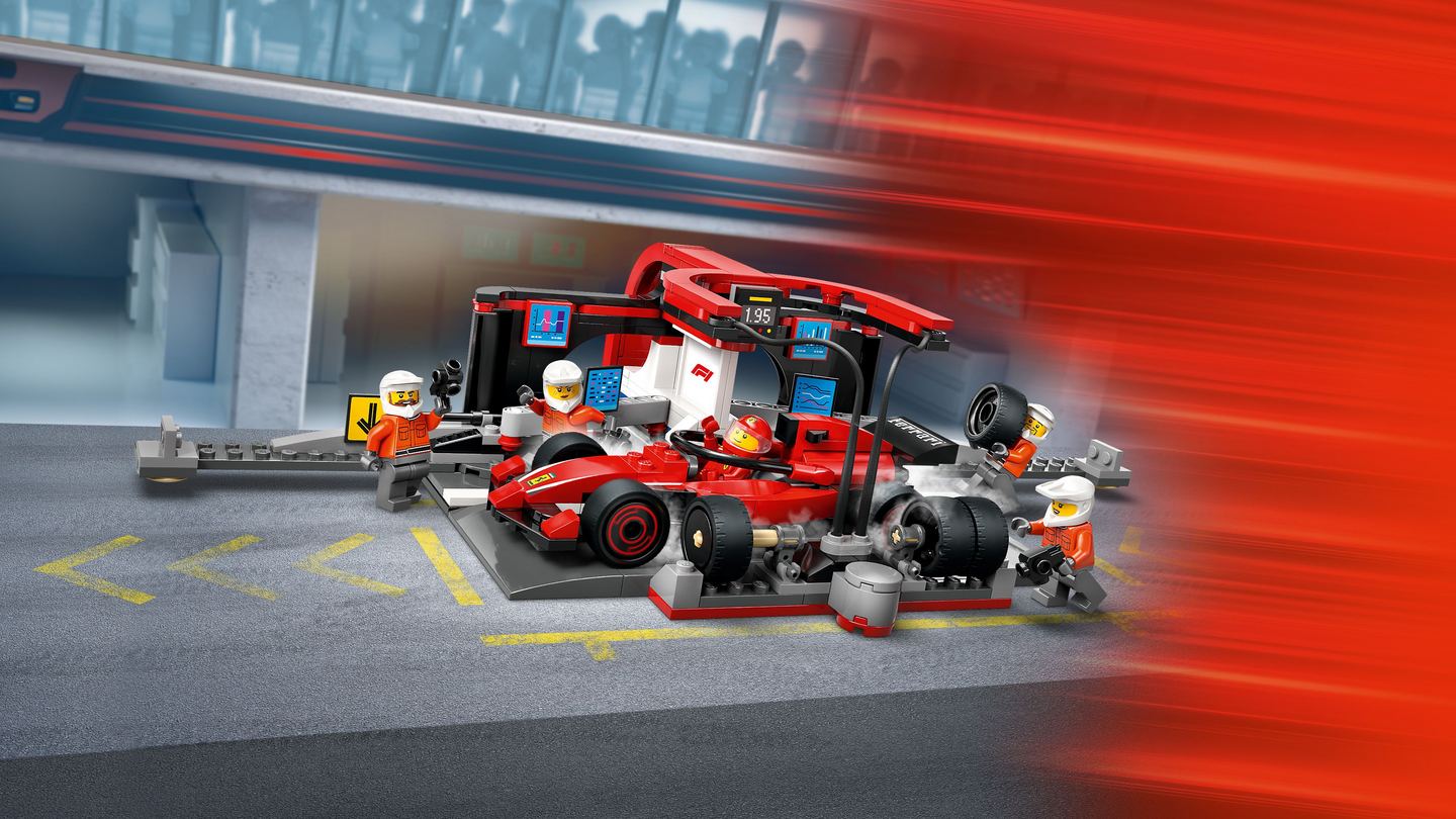 LEGO City 60443 F1-varikkopysähdys ja varikkomiehistö sekä Ferrari-auto