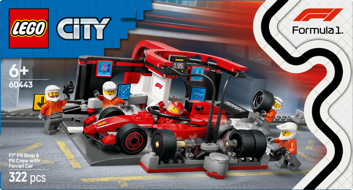 LEGO City 60443 F1-varikkopysähdys ja varikkomiehistö sekä Ferrari-auto