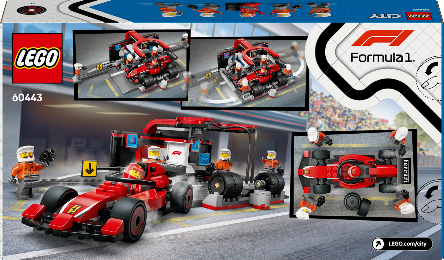 LEGO City 60443 F1-varikkopysähdys ja varikkomiehistö sekä Ferrari-auto