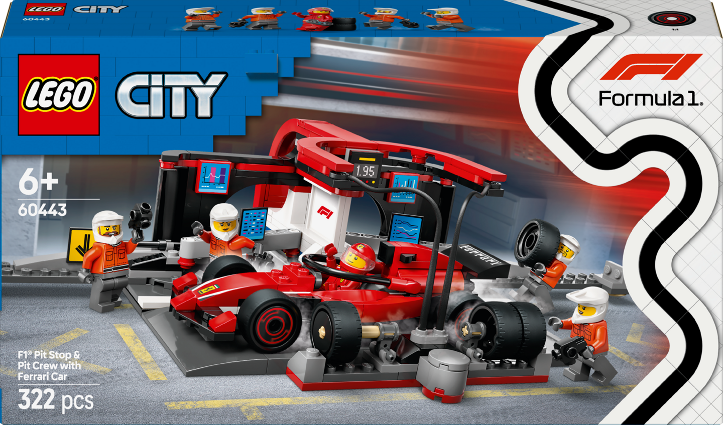 LEGO City 60443 F1-varikkopysähdys ja varikkomiehistö sekä Ferrari-auto