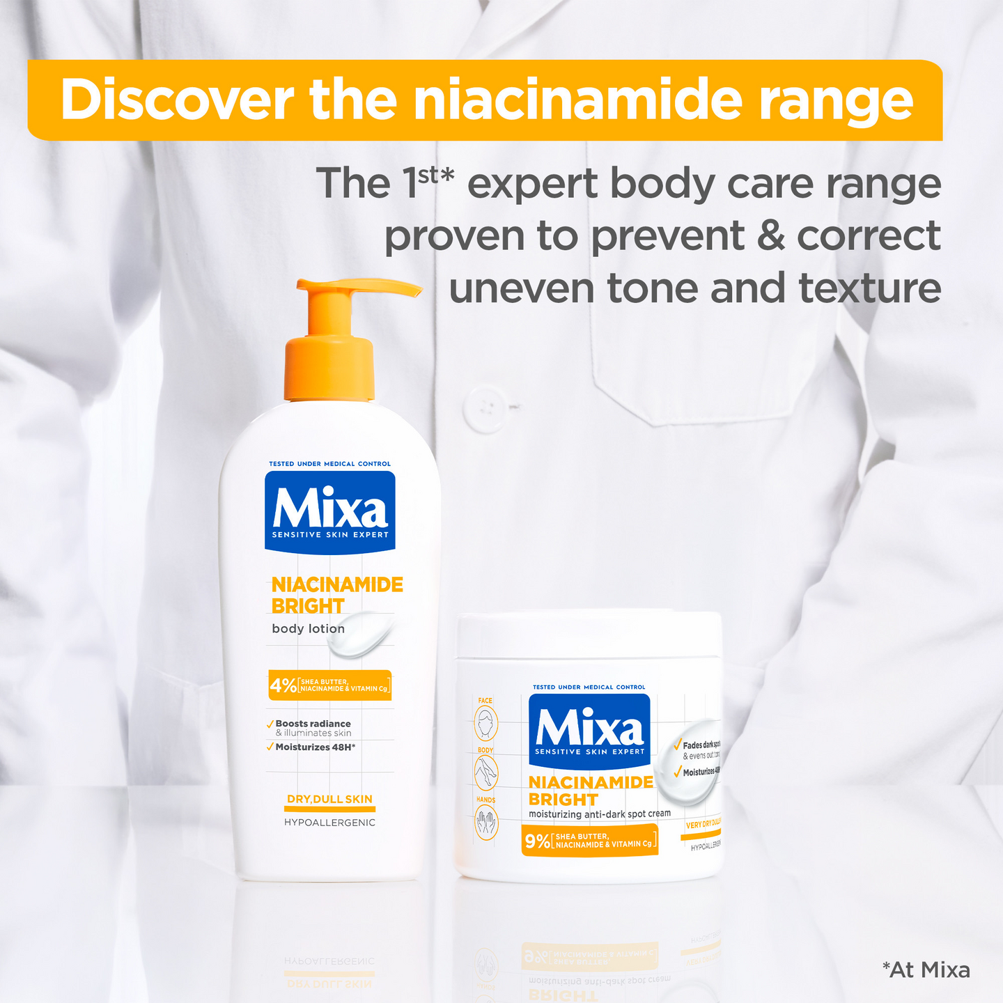 Mixa Niacinamide Bright Ravitseva voide tummia läiskiä vastaan, erittäin kuivalle iholle 400ml