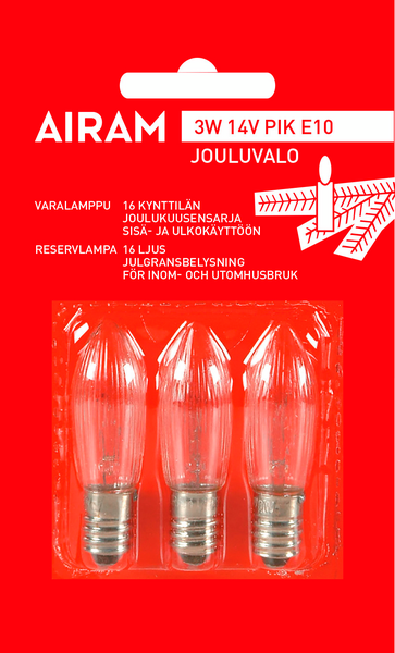 Airam varalamppu 3W 14V E10 PiK 3kpl