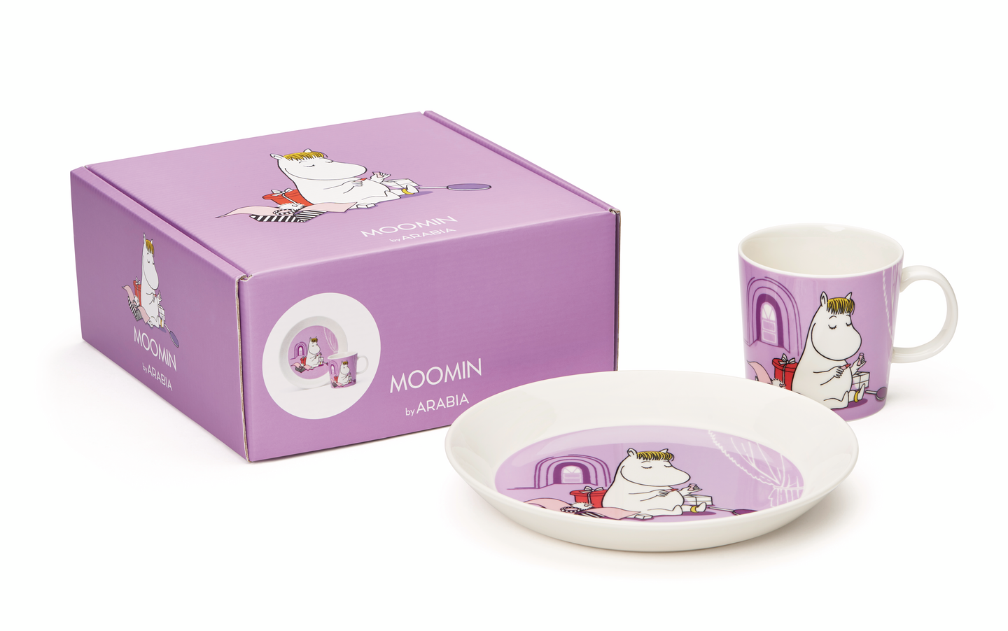 Moomin Arabia setti Muumi muki&lautanen Niiskuneiti liila